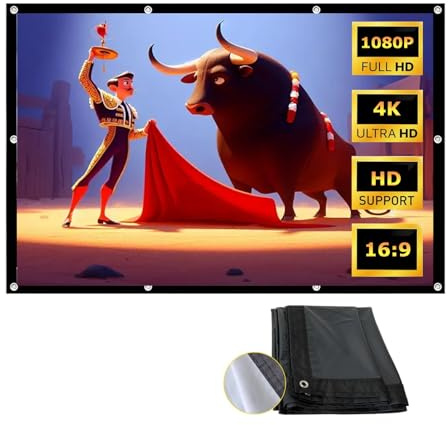 Portatile Schermo di Proiezione Home Theater 200/300 Pollici, Grande Schermo per Proiettore HD 4K 16:9 Pieghevole per Feste Film Esterno Interni(150in)