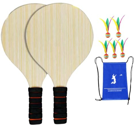 DimyFew 2 Teiliges Badminton Schläger Set Aus Holz mit Federball Und Schläger, Pickleball Federballschläger für Strand Und Fitnessstudio, 5 Große Bälle
