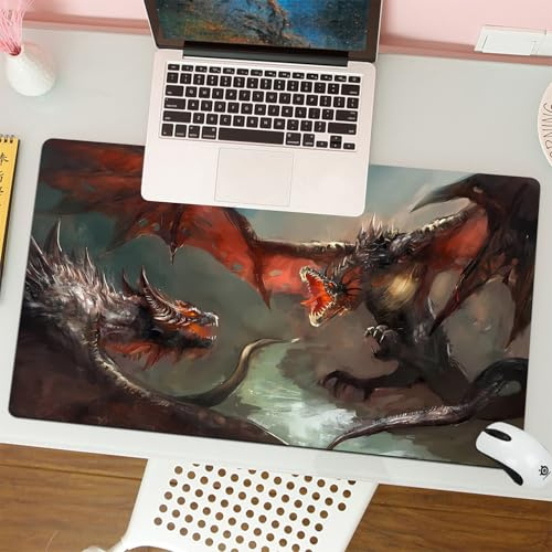 QRFASFZO Mouse Pad 31.5 × 12 inch Extended Large Mouse Mat Desk Pad, Stitched Edges Mousepad,Non-Slip Rubber Base,Dragon duel, dramatic encounter between two red winged beasts, fi,Gaming Mouse Pad XL