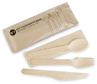 USEO 4-in-1-Besteck-Set aus Holz – 50 Einweg-Kits, biologisch abbaubar, für Restaurants, Veranstaltungen und Picknicks