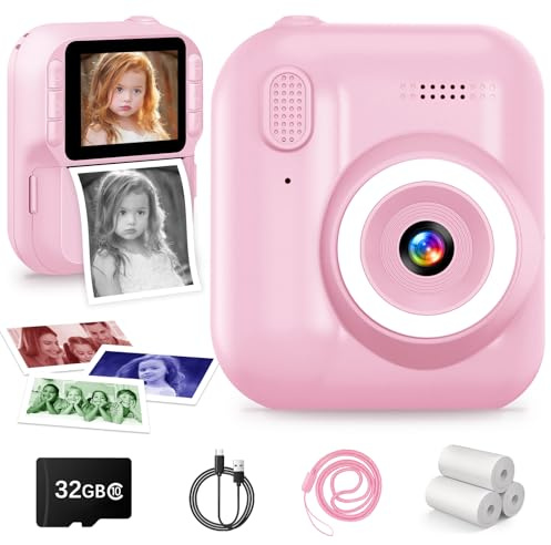 Kinderkamera Sofortbildkamera, 1080P Sofortbildkamera Kinder mit 32GB Karte & 3 Rollen Druckpapier, 2,4 Bildschirm Digitalkamera Kinder, Geburtstagsgeschenk Weihnachten Geschenke für 3-12 Jahren