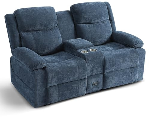 Consofa 2er Kinosessel Relaxsessel mit Liegefunktion,2 Sitzer Manuell Fernsehsessel Verstellbar, TV Sessel mit Konsole,Zweisitzer Sofa Kinosessel mit Steckdose,Schublade Becherhaltern(Blau, 175 cm)