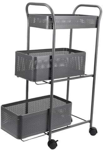 TOPINCN Carro Rodante Utilitario de Metal de 3 Niveles, Carro de Almacenamiento Multifuncional Resistente con Canasta Extraíble, Organizador de Almacenamiento de Acero Rodante Carro