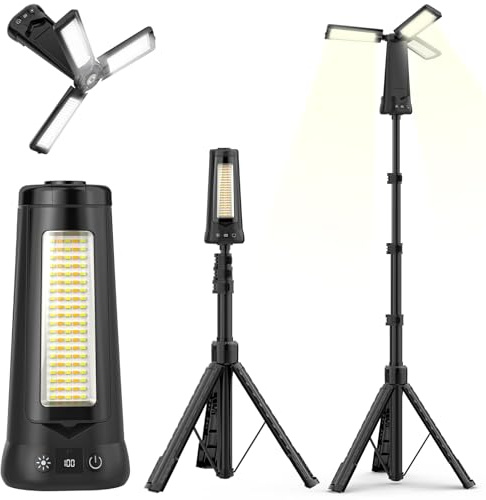 Projecteur de Chantier avec Trépied, 12000mAh Rechargeable Lampe de Camping LED à 3 Têtes, 5000LM 6500/4500/3500K Réglable & 5 Mode, Lampe de Travail Portable pour Pêche, Atelier, Urgence (Noir)