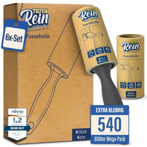 TiefenRein Fusselrolle Tierhaare & Kleidung – 6er Set (540 Blatt) | Extrem klebriger Fusselroller & Kleiderroller für eine mühelose Reinigung - Lint Roller und Flusenroller