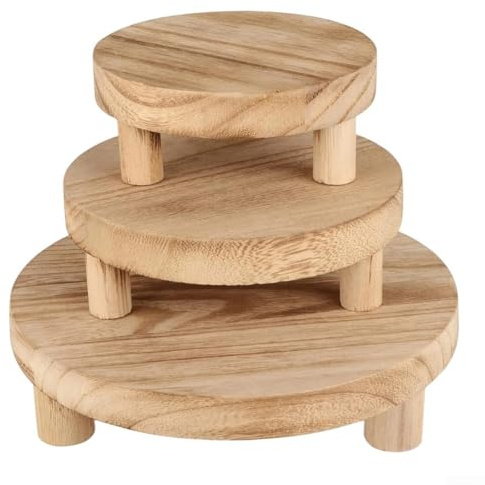 PureBowlic Set Of 3 Wooden Plant Stands Outdoor Indoor Round Riser Flower Pot Holder Trays Wood Display Platforms For Houseplants, Decorative Items, Candles Or Tableware(Light-fired)