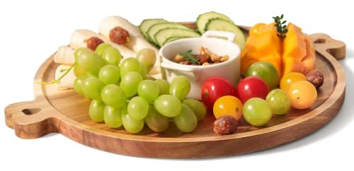 HALE OTEIR Acacia Wood Serving Board with Handle – 11 Inch Round Charcuterie Board for Cheese, Meat, Fruit & Vegetables – Heavy Duty Cheese Board, Rustic Wood Platter, New Home Gift