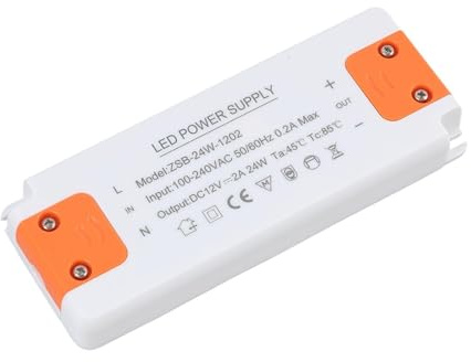 Transformador LED 24W 2A, Transformador LED 220V a 12V 24W, Fuente Alimentación DC Voltaje Constante, Driver Compacto Entrada, Convertidor para Lámparas, Focos y Tiras de Bajo Voltaje, Protección
