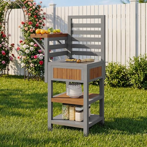 Gartenschrank Holz Outdoor wetterfest – Geräteschrank mit großer Edelstahl-Arbeitsfläche & doppeltem Ablageboden, Grillstation mit zusätzlichem Stauraum, wetterbeständiger Küchenschrank (74X54X149cm)