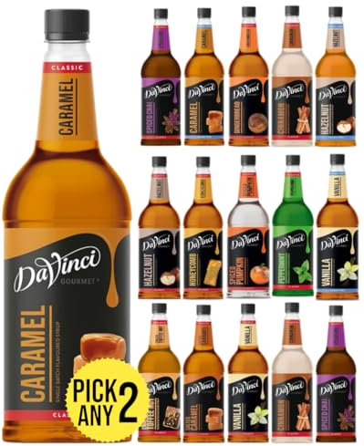 DaVinci Gourmet 1L (1000ML) Syrup for Coffee & Drinks. Pick Any 2 Bottles from 14+ Flavours Inc. Caramel, Vanilla, Hazelnut, Honeycomb, Spiced Chai, Gingerbread, Cinnamon, English Toffeenut and More.