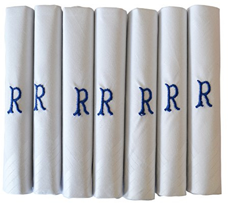 DUDU N GIRLIE Herren Taschentücher mit Satin-Bordüre und blauen gestickten Initialen, Größe R, Einheitsgröße