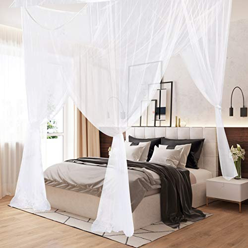 AIFUSI Mosquito Net, King Size Four Corner Post Curtains Bed Canopy for Single to Fits All Cribs and Beds for Adult Bedroom, Kids Rooms, Baby Bassinet, Garden, Camping（White）