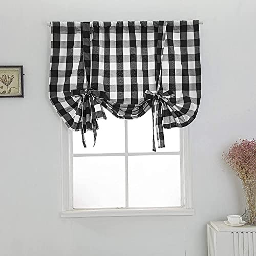Ricemru Kariert Raffrollo Blickdicht mit Tunnelzug 80 cm breit Schwarz Gitter Landhausstil Raffgardine Modern Bändchenrollo Gardinen Küche,80x140cm
