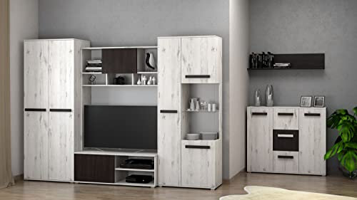 Fabryka Mebli Idzczak Wohnwand Anbauwand Schrankwand Viva und Kommode - Praktisch Bequem Geräumigen Kleiderstange und Einlegeböden - Innovatives Stilvoller (RGB + Weiß/Norwegische Kiefer)