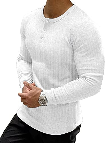 Muscle Cmdr Muscle Henley-skjorta, herr, långärmad, smal passform, långärmad tröja, fritid t-shirt av bomull med korta och långa ärmar, smal passform, ribbad skjorta, Vit-lång, M
