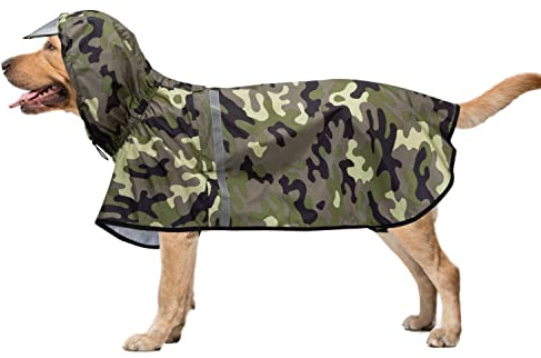 Hundregnjacka i storlek stor, vattentät med huva och öppning för sele. Transparent skärm, ventilerande och justerbar design, perfekt för medelstora och stora hundar, i kamouflagegrön, 6XL.