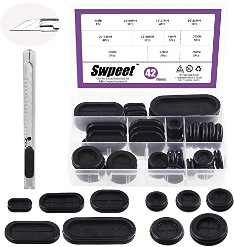 Swpeet 42Pcs 2 Types 10 Sizes Double Sided Round and Oval Rubber Grommet with 1Pcs Craft Knife Assortment Kit, Hole Plug Drill Hole Grommets Synthetic Wire Protection for Auto Car Wire Cable Wire