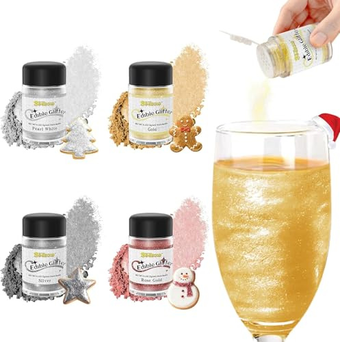 Essbare Glitzer Set, Essbare Glitzer für Getränke & Torten, Lebensmittelechter Glitzerstaub in 4 Farben, Vegan & Zuckerfrei (3g pro Flasche) – Für Cocktails, Desserts, Erdbeeren & Fondant