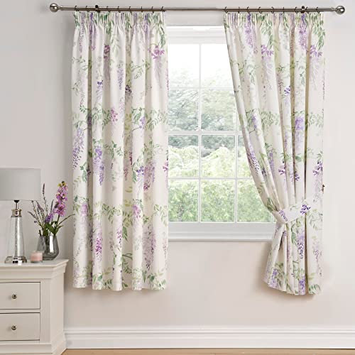Dreams & Drapes Pencil Pleat Curtains – Wisteria Purple – W66 x L72 (168 x 183cm) – Botanical Floral Design – 2 Panels – 100% Cotton – Spring Drapes for Bedroom and Living Room