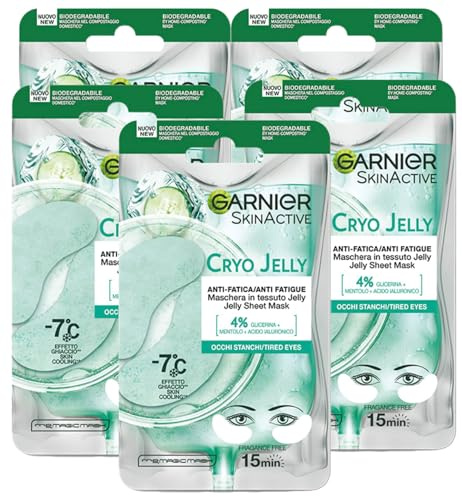 Garnier SkinActive Cryo Jelly Masque contour des yeux en tissu biodégradable anti-fatigue effet glace avec acide hyaluronique compte cernes formule végétalienne – 5 boîtes de 1 application