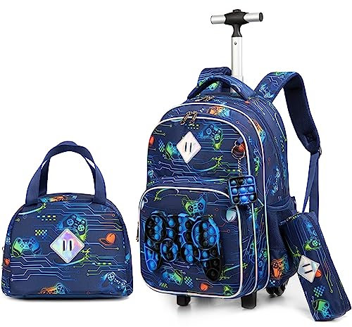 HTgroce Pop it Schulranzen mit Rollen, Rucksack mit Trolley für Kinder, ab 1. Klasse, für Schule, Reisen