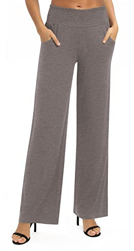 EXCHIC Damen Leichtgewicht Elastisch Hohe Taille Hose Casual Weite Bein Dehnbar Lounge Hosen mit Taschen (XXL, Schokolade)