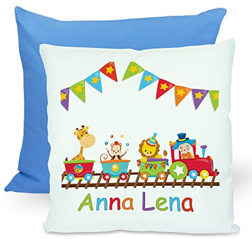 CreaDesign, Kinder Kissen 40x40 cm personalisiert mit Namen, Kinderzimmer Deko Kissen Kinder mit Füllung Federn, Motiv Zug, Rückenfarbe Blau
