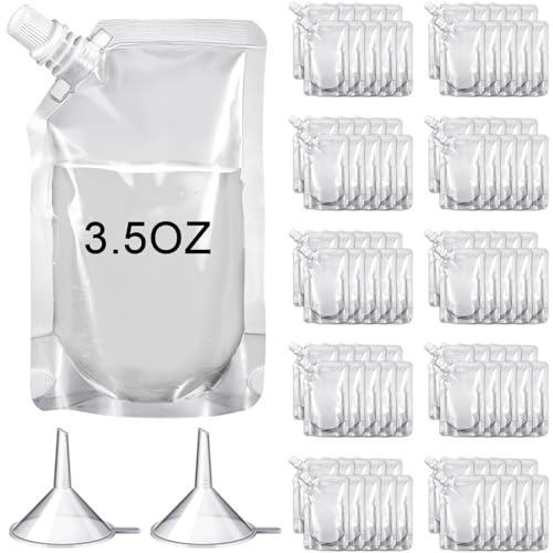 Meanplan 100 Pcs Plastic Pouches Bulk Reusable Squeeze Pouches Clear Plastic Juice Leak Proof Bags with Funnel for Party Favors Supplies(3.5 oz,Inclined Mouth)
