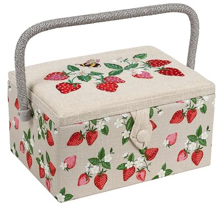 Hobby Gift Exclusive Mittelgroße Nähhandwerk-Bastel-Aufbewahrungsbox, Zubehörablage, Nadelkissen, Tasche, PVC-Griff, bestickter Deckel, 18,5 x 25,5 x 14,5 cm, Bestickte Erdbeeren