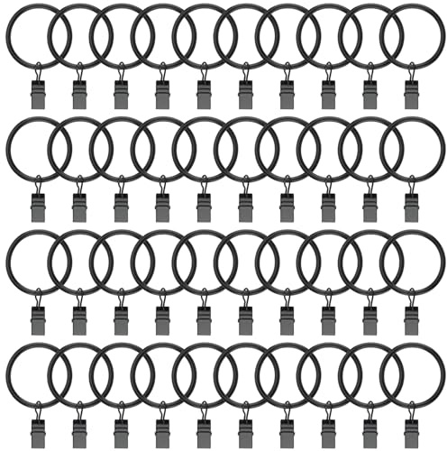 CHUEHKAK 40 stycken gardinringar med klämmor, svart, gardinringar med klämmor, gardiner, gardinklämmor med ring, gardinstångring, metall, innerdiameter 38 mm, för gardiner och stavar