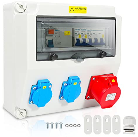 Ansobea Répartiteur mural 2 x 16 A 230 V + 1 x 16 A 400 V CEE 5 broches 16 A avec interrupteur Fi, distributeur de courant Cee IP44 pour une utilisation en extérieur