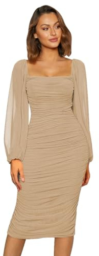 Odizli Abendkleider Elegant für Hochzeit Damen Mesh Langarm Sexy Enges Bodycon Etuikleid Midikleid Festliche Hochzeitsgäste Partykleid Silvester Party Abschlussballkleid Lang Ballkleider Aprikose M