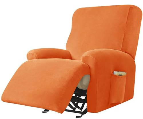WWQQKJ Elastischer Relax-Samt-Sesselbezug, Relax-Liegestuhl-Bezug, 4 Stück, weicher, Rutschfester Relax-Sessel-Bezug, Liegesessel-Bezug mit Taschen for Wohnzimmer(Orange)