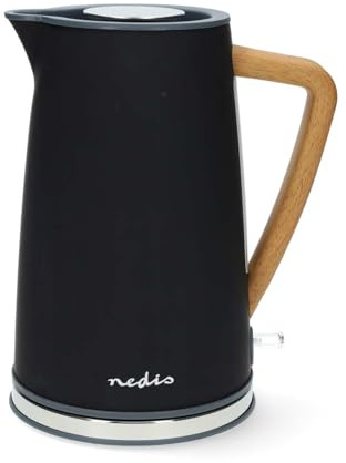Nedis KAWK510EBK Bollitore Elettrico – 1,7 L – 2200 W – Rivestimento Soft-Touch – Manico in Legno – Base Girevole a 360° – Nero