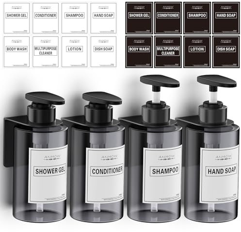 Anhow Botes para Gel y Champu 300ml, 4 Piezas Dispensador Jabon Baño Dispensador Gel y Champu Ducha con 4 Soportes y 16 Etiquetas Impermeables Sin Taladrar para Gel de Ducha, Viajes, Hoteles - Gris