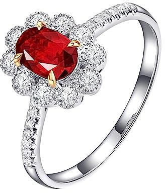 Vorsteckring Gold 750, Trauringe Vintage Blume 4 Prong Labor Geschaffener Rubin 0.7ct Ovale Form Taubenblutrot Eheringe Gr.60 (19.1) 18K Weißgold