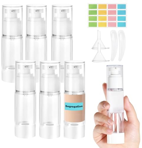Furuising 6 Stück 30ml Klein Airless Pumpspender mit Aufkleber, Spatel | Creme Spender Pumpflasche Leer,Nachfüllbar Cremespender,Vakuum Reiseflaschen zum Befüllen für Reise Lotionen Shampoo Kosmetik