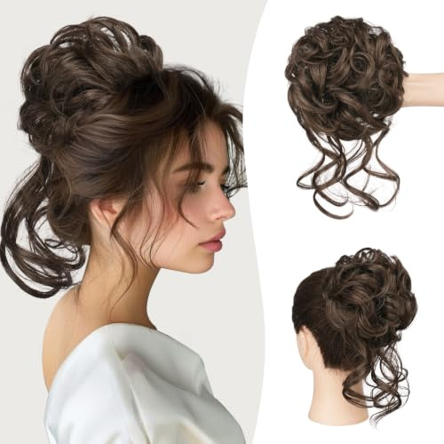Sofeiyan Haarteil mit Gummiband Gelockt Dutt Haarteil Mit Haaren Hochsteckfrisuren Synthetisch Messy Bun Haar Tousled Updo Haarteile für Frauen, Brünett Braun