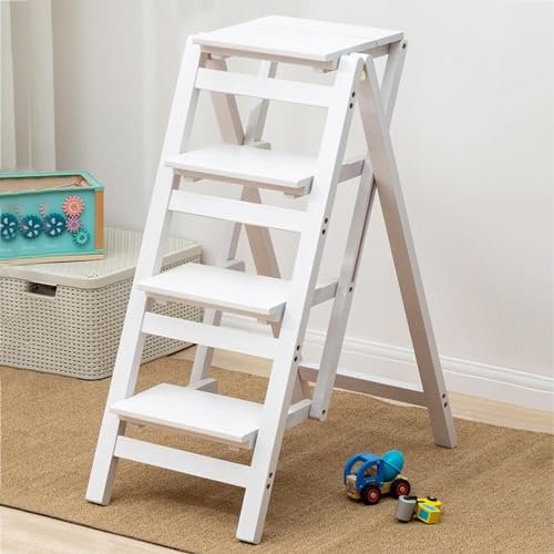 Klappbare Trittleiter Aus Massivholz, Tragbarer Tritthocker Aus Holz Mit 2/3/4 Stufen, Multifunktionales, Leichtes Trittleiterregal Für Küche, Haushalt, Bibliothek, Büro,4 Layer,White