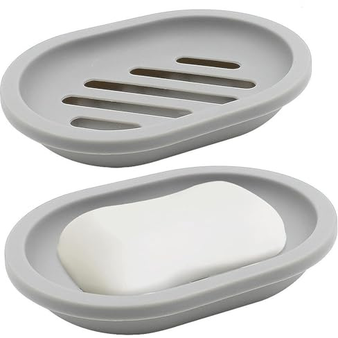 AstraLoom 2er-Pack doppelschichtige Seifenschale, Kunststoff Seifenschale,selbstentleerend & antihaftbeschichtet - für Bad/Küche/Schwamm (Grau)