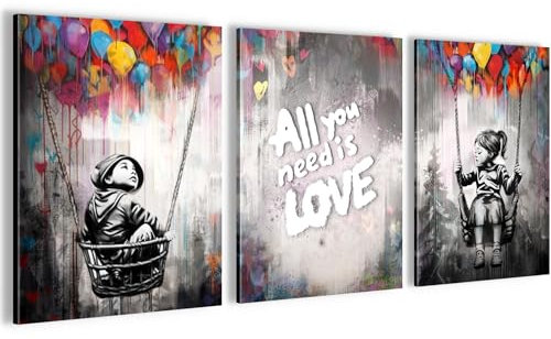Novart Wandbilder Set Banksy Style Kinder - KOMPLETT AUFHÄNGFERTIG - Wohnzimmer Schlafzimmer Flur Deko - 3 Moderne Bilder Grau - N037435a