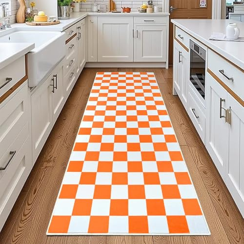 Terrug Tapis de couloir à carreaux orange et blanc 61 x 183 cm, doux, lavable, antidérapant, tapis résistant aux taches pour entrée, couloir, cuisine, buanderie, salon
