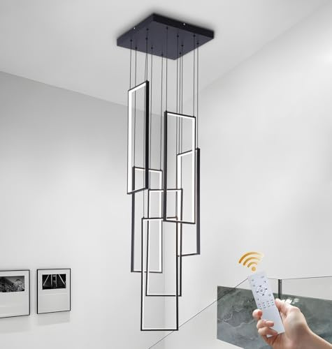 Treppenhaus Kronleuchter Modern Pendelleuchte, Höhe Einstellbar Schwarz LED Pendelleuchte, Rechteckige Dimmbar Dekoratives Hängeleuchte für Schlafzimmer Treppe Esszimmer Wohnzimmer Pendellampe Lüster(
