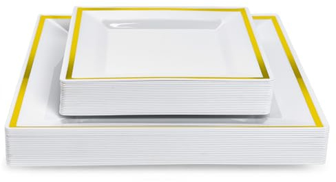 MATANA 40 Premium White Square Plastic Plates with Gold Rim - 20 24cm Dinner Plates, 20 16.5cm Side Plates - Elegant & Reusable Party Plates for Weddings, Birthdays, BBQ, Parties
