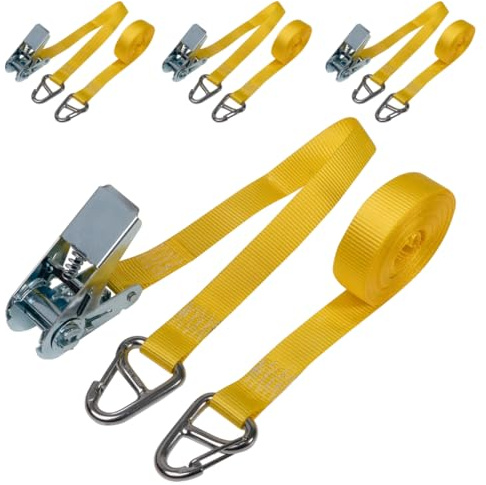 LOADCARE 4 correas tensoras de dos piezas con trinquete, correa de sujeción rápida con mosquetón, 400 daN, amarillo, 6 m de ancho de 25 mm