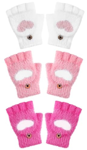 Geyoga 3 Pares Guantes Convertibles sin Dedos de Corazón con Tapa Abatible(Rojo, Rosa, Blanco,8-12 Años)