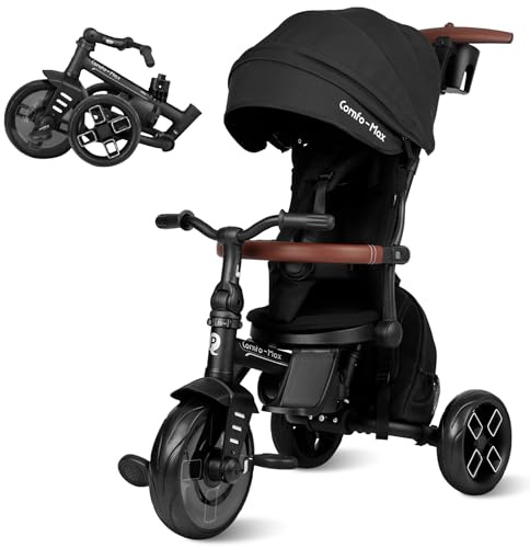 Qplay Comfo Max Evolutionäres Dreirad, 6-in-1, Schwarz, Dreirad für Babys, 1 Jahr, faltbar, aus Aluminium, mit 360°-Sitz, neigbar und Verdeck, für Babys von 10 bis 72 Monaten, Schwarz