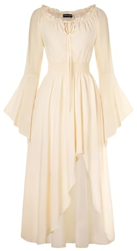 SCARLET DARKNESS Women Off Shoulder Medieval Costume Hi-Lo Peasant Pirate Dresses Bell Sleeve Lace-up Maxi Long Dress Apricot XXL