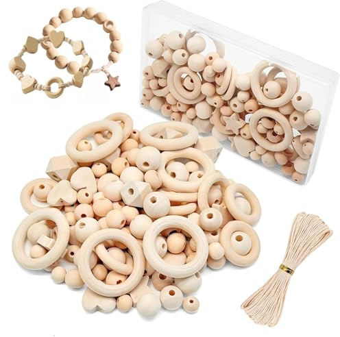 KELAV Holzperlen Holzringe Set,126 Stück Holzperlen Set Holzkugeln mit Loch Kit Rnthalten Runde Perle,Holzringe,Stern,Liebe Form,Perlen mit Loch Ketten für DIY Schmuck Herstellung