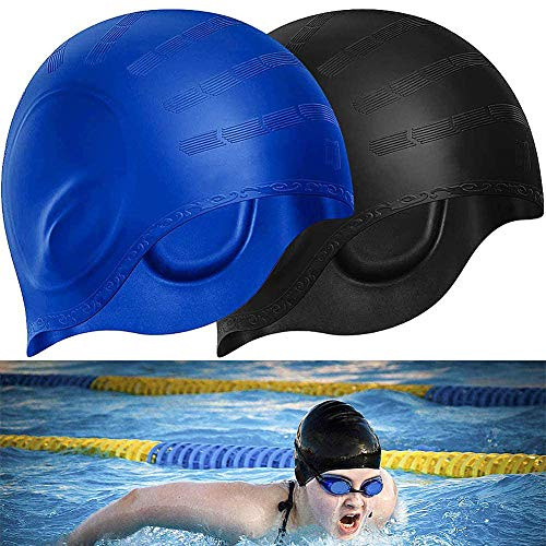 Lot de 2 bonnets de bain en silicone, imperméables et antidérapants, design ergonomique avec poche de protection auditive, unisexe pour adultes et enfants